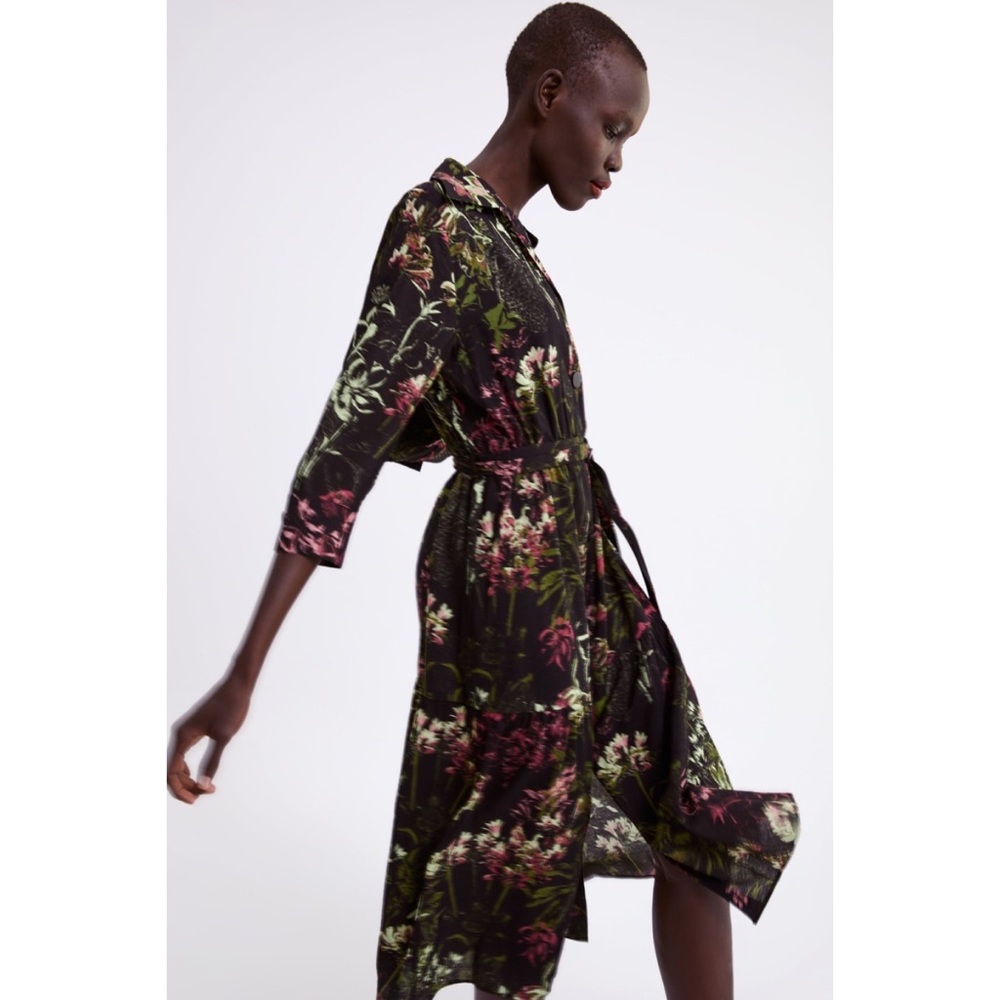 Zara Black Floral V Neck Midi Dress Sz M
